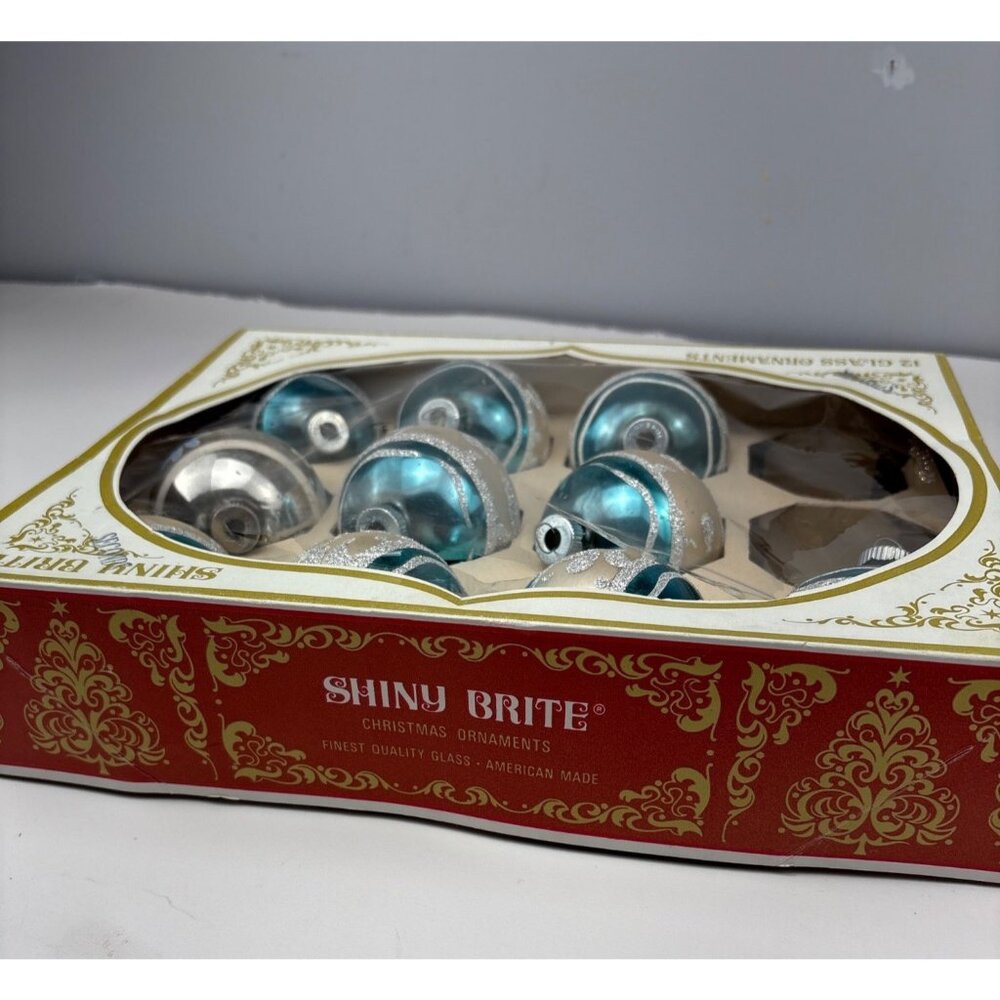 Shiny Brite Vintage Glass Ornaments Teal & Silver Glitter 10-Piece Set Christmas - Picture 11 of 14
